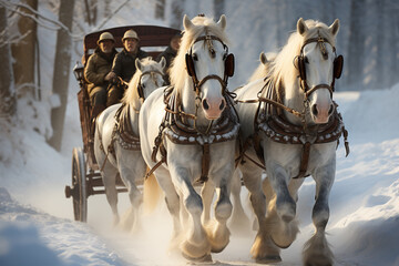 Poster - A sleigh ride through a snow-covered forest, pulled by beautiful horses adorned with jingle bells.  
