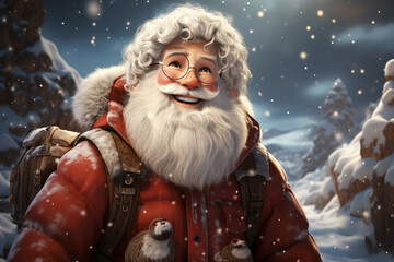 Leinwandbilder - A cheerful cartoon of Santa Claus enjoying a snowy walk with his reindeer. 