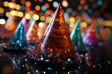 Poster - Abstract party hats and noise-makers in lively colors, capturing the festive mood of New Year's celebrations.  