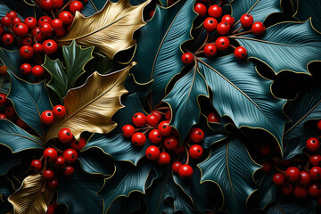 Fototapete - A classic red and green Christmas background featuring holly leaves, berries, and gold accents.  