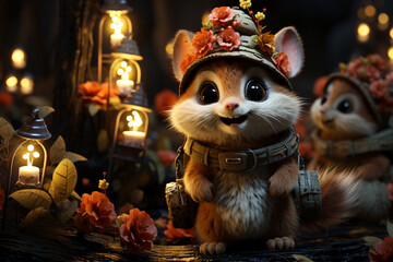 Aufkleber - A whimsical Christmas forest scene with cute animals and fairytale-like elements.  