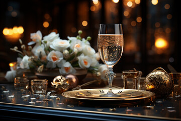 Aufkleber - A luxurious New Year's Eve party setting with elegant decor, champagne glasses, and golden accents.  