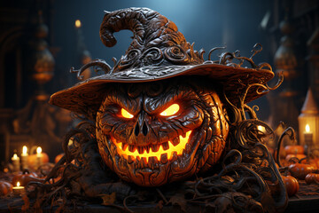 Poster - A spooky Jack-o'-lantern with a sinister grin against a dark background.  
