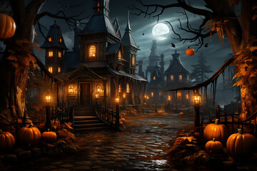 Wall Mural - A haunted house with glowing pumpkins lining the pathway.  