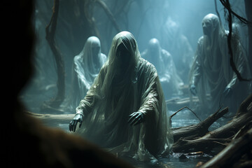 Poster - A haunted forest with ghostly apparitions floating among the trees.  