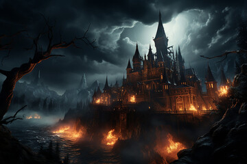 Leinwandbilder - A haunted castle with lightning striking and thunder rumbling in the background.  
