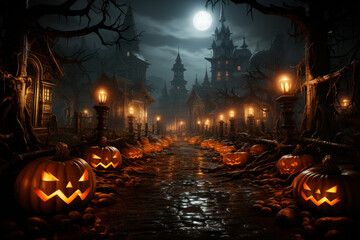 Fototapete - A haunted pumpkin patch with eerie fog and glowing pumpkins. 