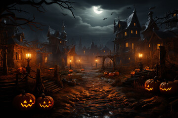 Poster - A haunted pumpkin patch with eerie fog and glowing pumpkins. 