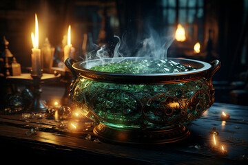 Poster - A spooky witch's cauldron bubbling with green potion and glowing eyes. 