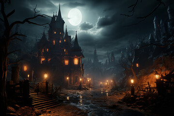 Leinwandbilder - A haunted cemetery with bats flying overhead and a full moon illuminating the scene. 