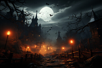 Poster - A haunted cemetery with bats flying overhead and a full moon illuminating the scene. 