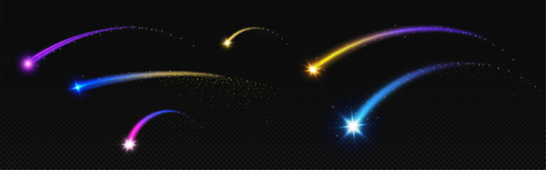 Poster - shooting star light arc curve with magic glitter. blue arch neon sparkle beam line. speed trail shin