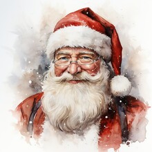 Watercolor Santa Claus Portrait On White Background.