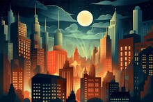 Illustration Of Nocturnal Cityscape With Illuminated Buildings And A Prominent Searchlight. Generative AI