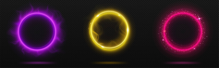 Wall Mural - Magic light portal with neon glow effect. Realistic vector illustration set of energy rings for traveling in time and space. Fantastic electric luminous circle or frame with power of movement.