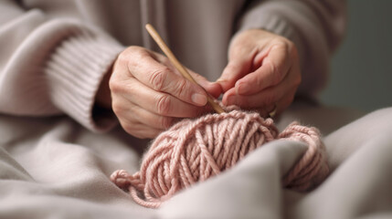 Hands of an elderly woman with balls of woolen yarn. Hobby, leisure concept. historical and modern crafts