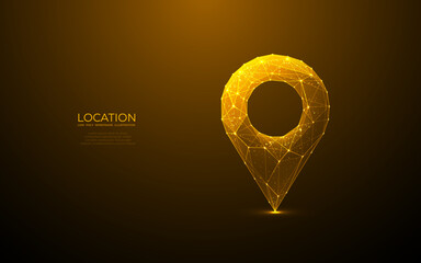 Poster - Abstract location pin. Digital GPS light golden icon. Low poly wireframe vector illustration in futuristic style with golden glitter. Travel and tourism locate concept with 3D effect. 