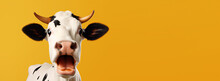 Studio Portrait Of Surprised Cow Standing On Bright Colors Studio Banner With Empty Copyspace