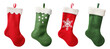 Red and green Christmas stocking, sock isolated on transparent background. New Year holidays.