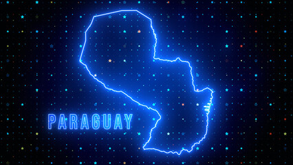 Futuristic Blue Shine Paraguay Outline Map And Label Text Glowing Neon Light With Stars Sparkle Grid Background