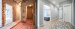 Comparison of old flat with underfloor heating pipes and new renovated apartment with doors, mirror and gray walls. Photo collage of apartment hallway and bedroom before and after restoration.