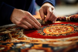 Fototapeta  - close-up of the hands of a master restoring an old carpet. Restoring damaged old rug. historical and modern crafts. 