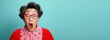 Portrait Of Surprised Middle Aged Asian Woman, Bright Colors Studio Backgroud With Copyspace, Excitement And Fascination, Shocked And Amazed Female With Unexpected Thing Happen