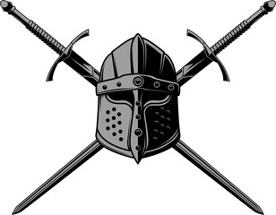 Sticker - Illustration of knight's helmet and crossed swords. Knight's swords. Design element for emblems, sign, banner. Vector illustration