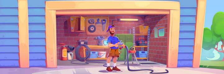 Wall Mural - Young man stands at entrance to garage with brick walls, cabinets and shelves for storage, working tools, and fire extinguisher. Cartoon vector illustration of carport interior with instruments.