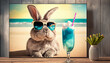 Cooler Hase mit Sonnenbrille und Cocktail Bilderrahmen Tier kommt heraus 3d digital lustige skurrile Karte Grußkarte Sommerurlaub Reiseveranstalter Vorlage Werbung Motiv Generative AI 