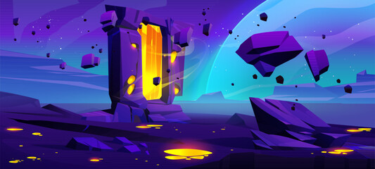 Wall Mural - Door with magic portal to travel to another universe or time on rocky surface of alien planet in space. Cartoon game ui landscape with glowing mysterious entrance to parallel reality or fantasy world.
