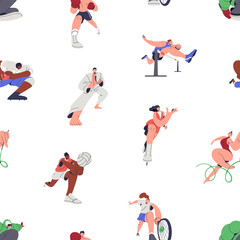 Fototapete - Professional sports, seamless pattern design. People athletes, endless background. Athletics, gymnastics, boxing, tennis and rugby, repeating print. Colored flat vector illustration for fabric