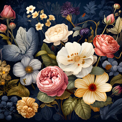 Wall Mural - Vintage Botanical Floral Pattern on Dark Blue Background