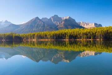 Wall Mural - herbert lake, banff national park, alberta, canada. mountain landscape at dawn. lake and forest in a