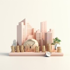 Wall Mural - Sky scraper and stack of coins, Pastel background. 3D rendering. Financial and investment business concepts 