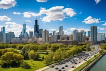 Stunning Chicago Skyline From Above A Parking Lot In Lincoln Park With Green Trees And Blue Sky. Generative AI