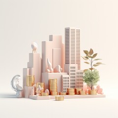 Wall Mural - Sky scraper and stack of coins, Pastel background. 3D rendering. Financial and investment business concepts 