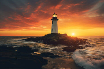 Wall Mural - illustration of a lighthouse on the coast, sunset light. Created with Generative AI