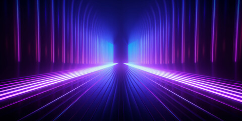 Wall Mural - Neon dark stage shows empty room: neon light, spotlights, dark blue, purple, pink background - dance floor for product display in studio, backdrop for photo shooting. Generative AI.