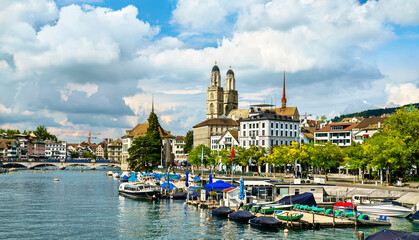 Poster - Zurich with Grossmunster Cathedral at the Limmat River in Switzerland