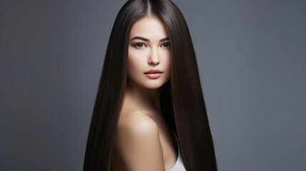 Portrait of young woman with long straight black hair. Hair care, make-up and hair health