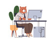 Business animal works at computer desk. Anthropomorphic bear, office worker sitting at table. Employee, executive manager at workplace, PC. Flat vector illustration isolated on white background