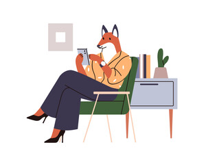 Poster - Anthropomorphic fox character with mobile phone. Business animal chatting online, holding smartphone. Female surfing internet, texting messages. Flat vector illustration isolated on white background