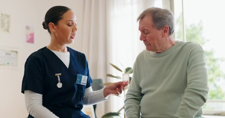 Wall Mural - Doctor, patient and medicine with prescription in home, elderly man and help with consulting for healthcare. Nurse, senior person and communication of pills, wellness and trust with medical support