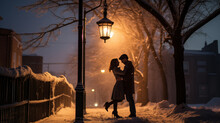 Young Couple Standing Under A Street Lamp Withromantic Light In A Winter Night
