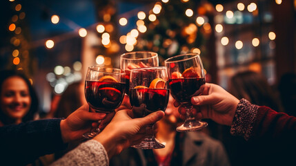 People at the Christmas market with mulled wine in their hands. Generative AI,