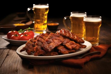 Wall Mural - honey glazed smoked ribs on a plate with amber ale by its side