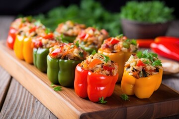 Wall Mural - row of stuffed bell peppers with bbq meat on board