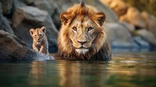 Lion And Cub Looking At His Reflection In The Water, Against The Background Of Mountains.