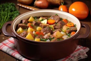  stirring beef and vegetable stew in a ceramic pot